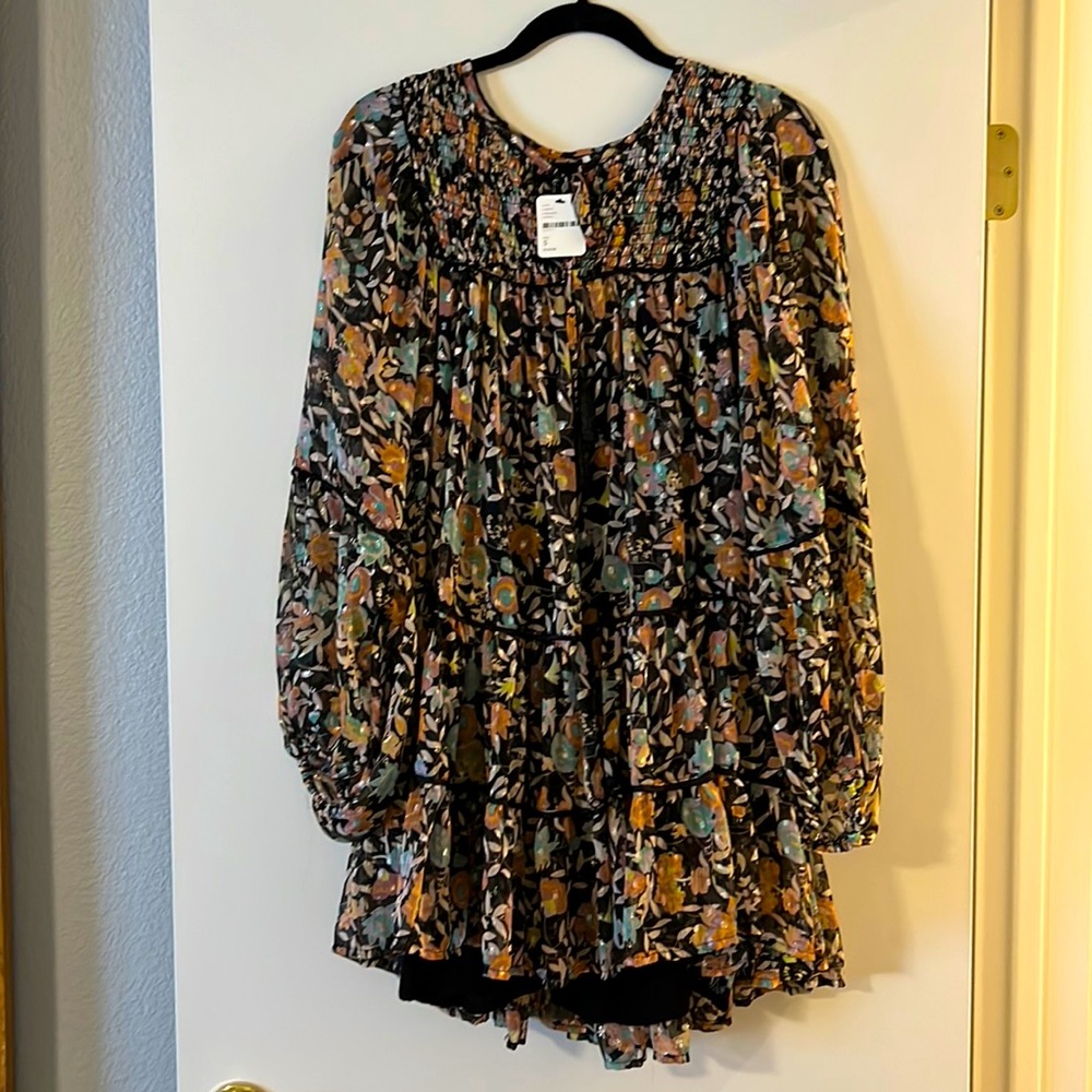 Free People 3/4 sleeve floral metallic mini dress
